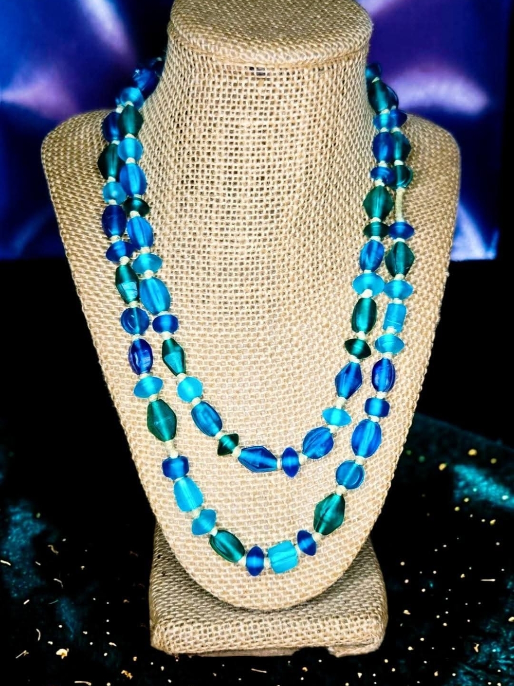 Vintage 40-Inch Blue and Teal Art Glass Bead Necklace